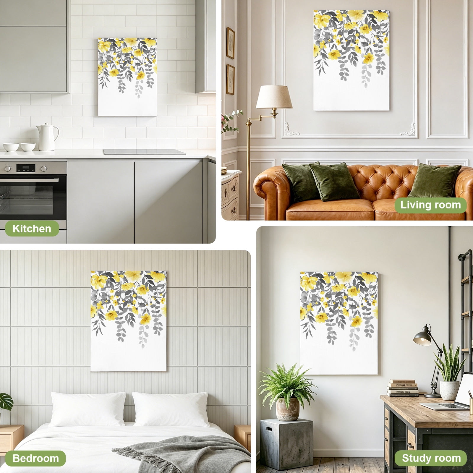 Spring Summer Flowers Canvas Wall Art for Living Room, Vintage Watercolor Yellow Floral Grey Leaf Plant Poster Print Painting for Bedroom Office Home Decoration Wall Pictures Prepare To Hang 16"x24"