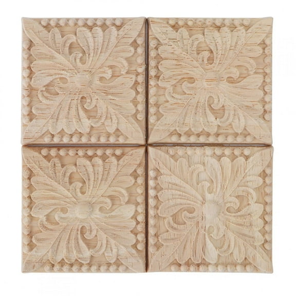 4Pcs Wood Carved Applique Onlay, Unpainted Solid Wood Square Carvings Decals for Furniture Decoration[B]