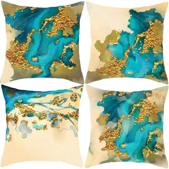 Modern Abstract Pillow Covers Set of 4 Nordic Pillow Cases, Teal Blue and Gold Modern Art Decorative Cushion Covers for Sofa Couch 18x18 inches