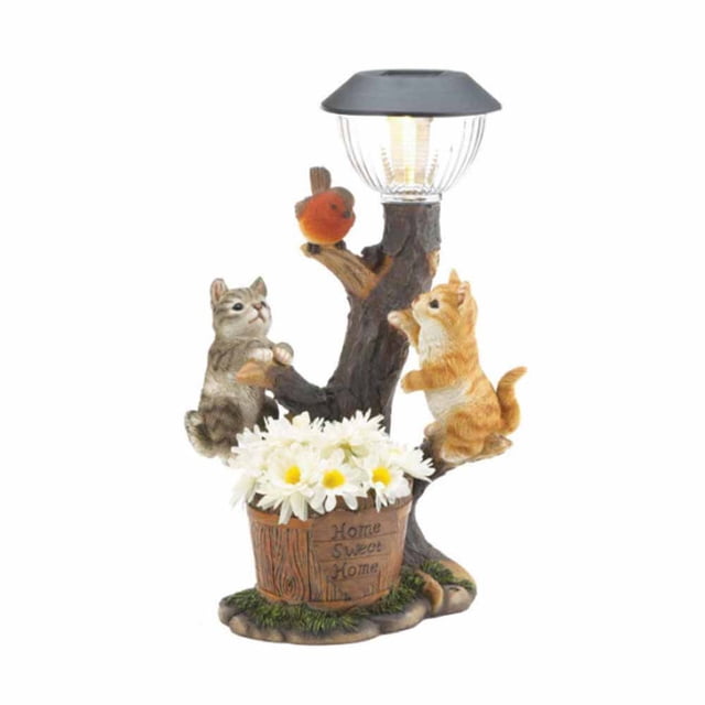Estatua de jardín de gatos y pájaros con energía solar, interesante escultura de jardín y estatua para patio, césped MFZFUKR CPB-US-DYP229-1