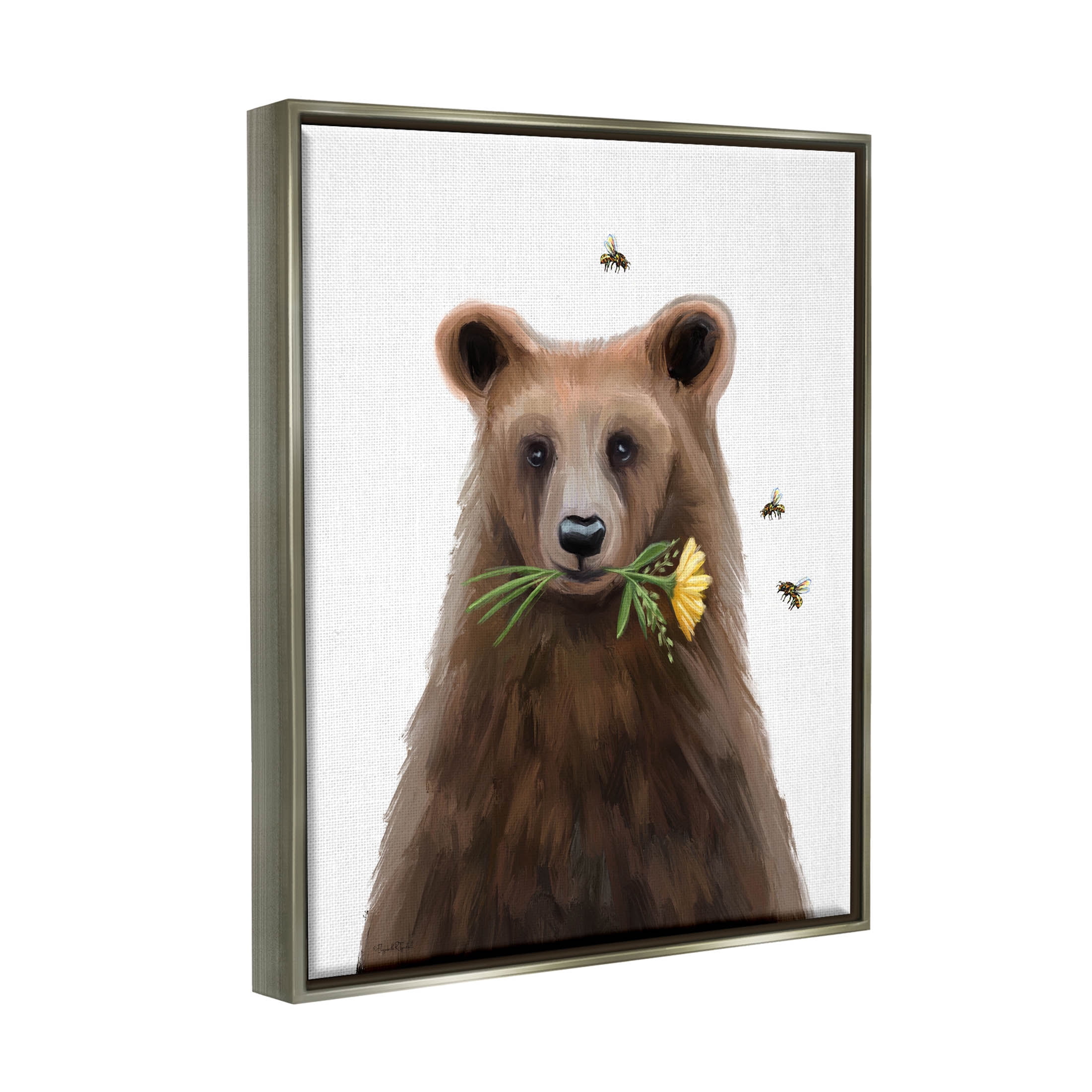 Stupell Industries Woodland Bear Flower Sprig Graphic Art Luster Gray Floating Framed Canvas Print Wall Art, Design by Elizabeth Tyndall