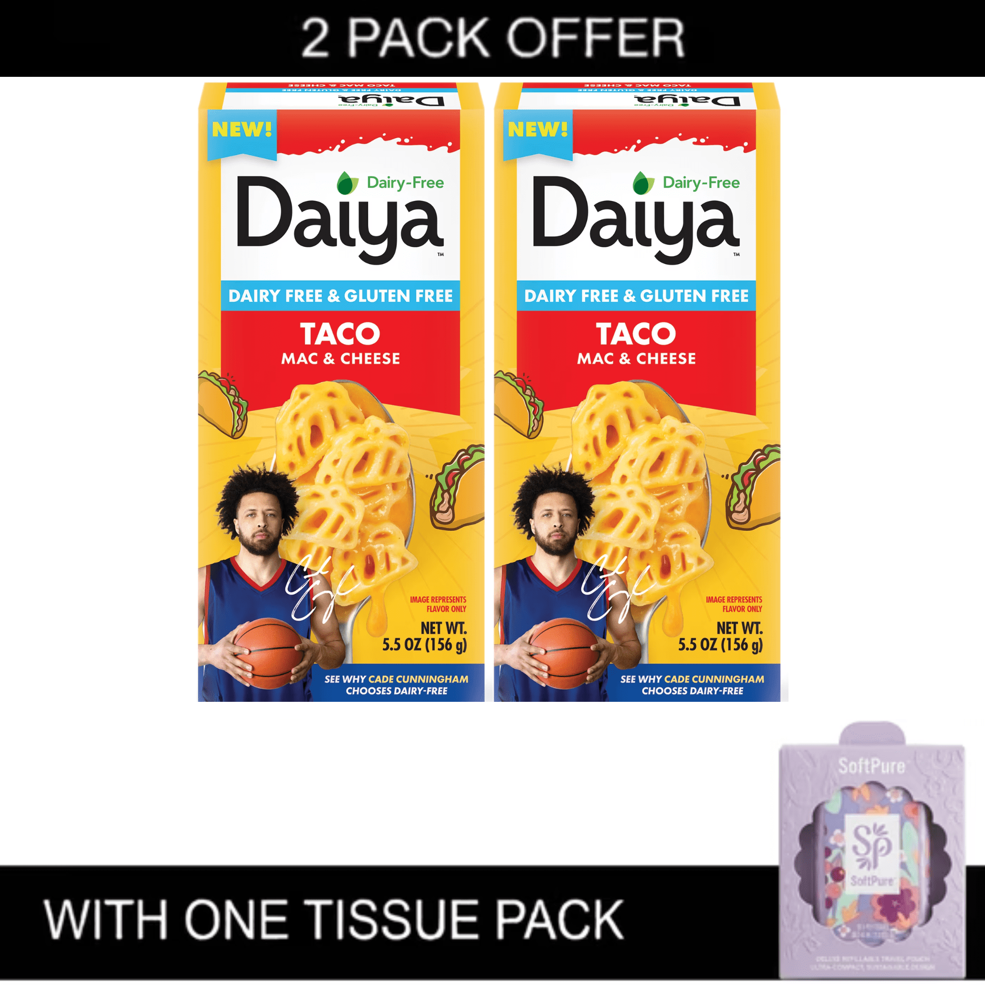 2X | Daiya Dairy Free Gluten Free Taco Mac & Cheese, Vegan, 5.5 oz Shelf Stable with Tissue Pack