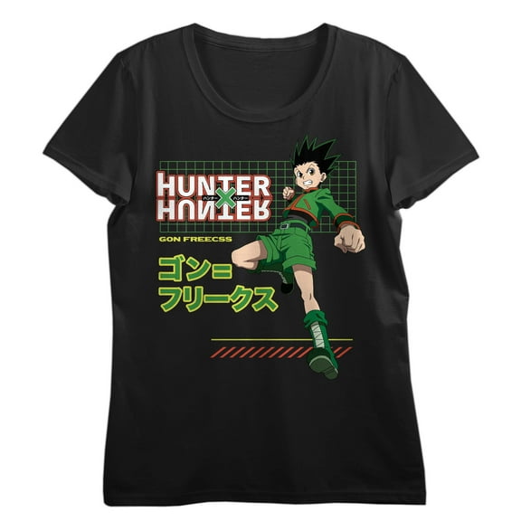 Hunter X Hunter Gon Freecss Grid Crew Neck Short Sleeve Women's Black Crop T-shirt-Medium