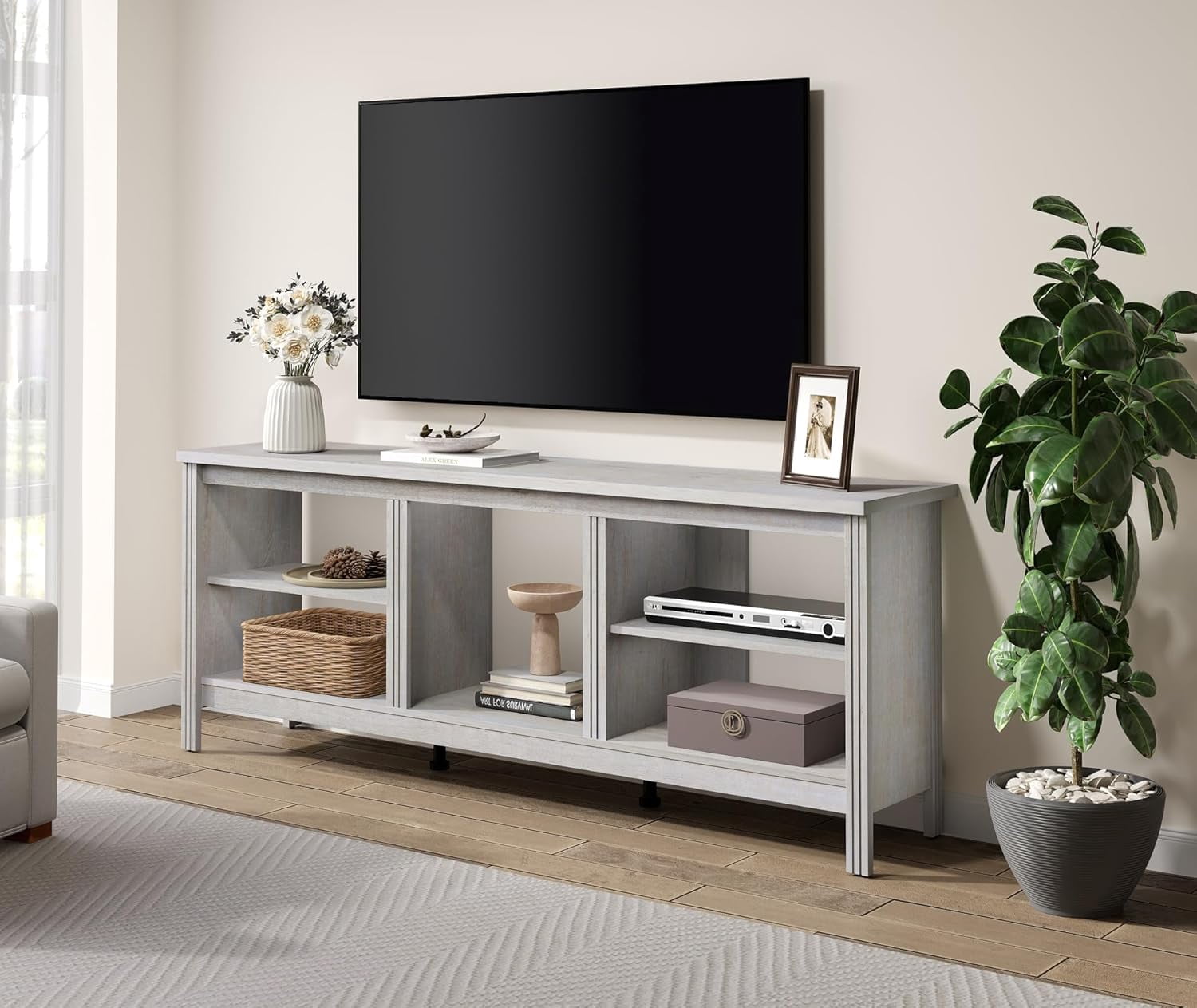 Farmhouse TV Stand for TVs up to 75 Inch, White Entertainment Center for 80 inch TV Console Table with 5 Cubby Storages for Living Room Bedroom, 70 inch