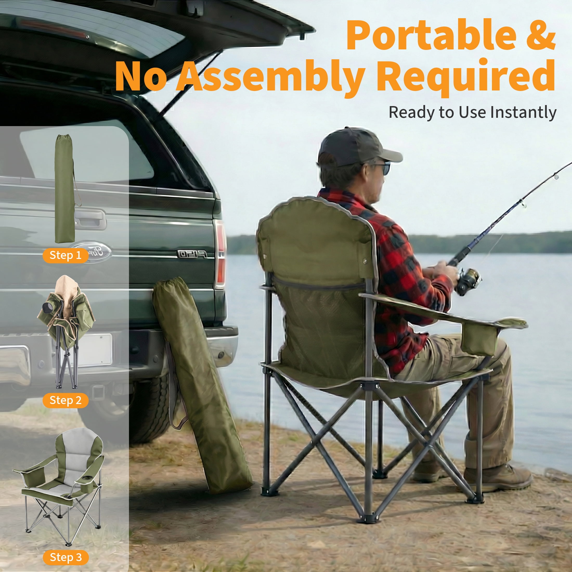 EDX Heavy Duty Camping Chair 500 lb Capacity, Oversized Extra Wide for Adults, Padded High Back Folding Lawn Chair, 500 lbs Steel Frame, Portable Outdoor Camping Chair with Cup Holder, Green