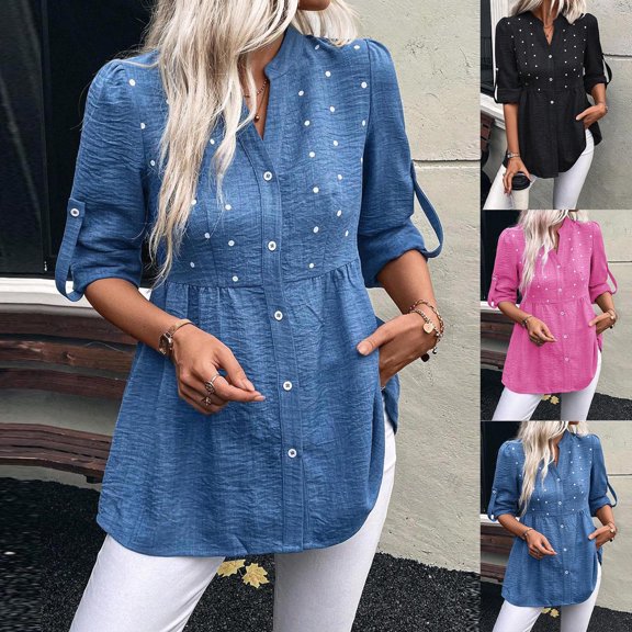 FRSASU Womens Long Sleeve V-Neck Polka Dot Printing Button Loose Casual Fashion Tops Hot Pink XL(XL)