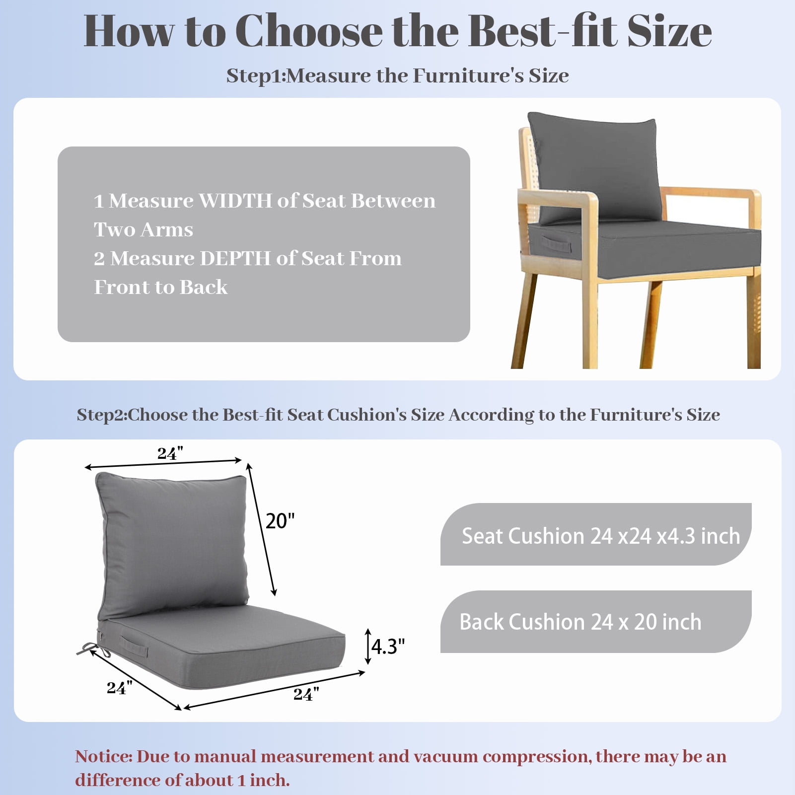 Outdoor Deep Seat Cushions Set, 24x24x4.3 inch, Fade Resistant, Waterproof Patio Chair Cushion with Backrest(dark gray)