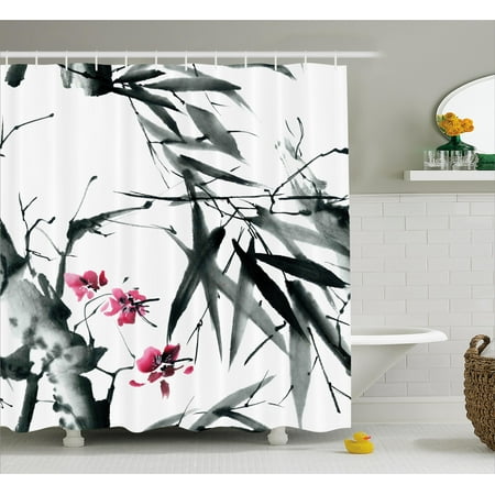 - Japanese Shower Curtain, Natural Sacred Bamboo Stems Cherry Blossom Japanese Inspired Folk Print, Fabric Bathroom Set with Hooks, Dark Green Fuchsia, by Ambesonne