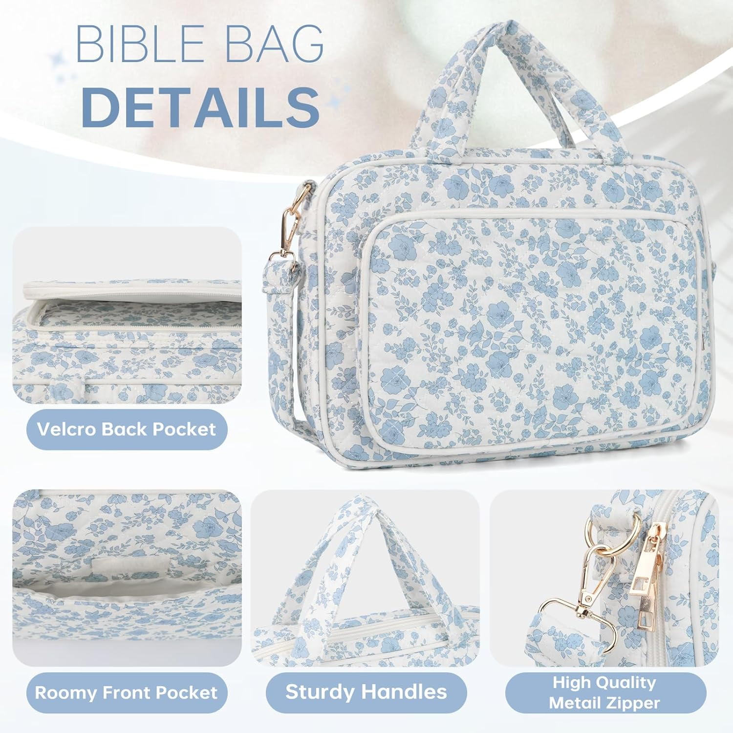 TAVENE Bible Cover Case for Women Bible Study Supplies Church Camp Essentials Christian Gifts for Women Journaling Kit Quilted Large Bible Book Sleeve (Blue Flower, Large)
