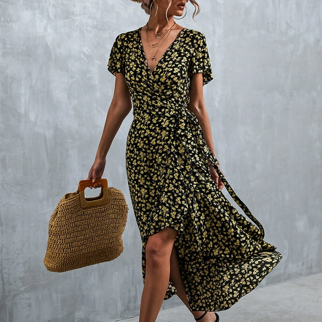 Floral Printed Wrap Dress Floral Printed V Neck Wrap Dress Floral Wrap Dress Summer Wrap V Neck Dress Women Floral Wrap Dress V Neck Waist Belted Ruffle Sleeve Asymmetrical Hem ANGGREK Negro XXL