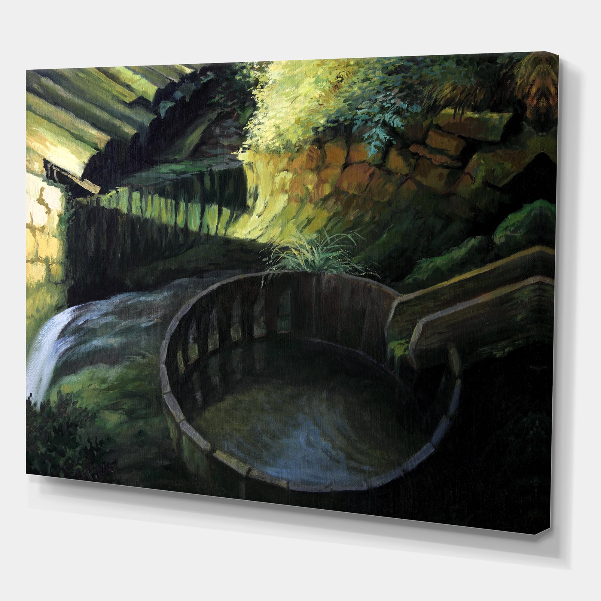 Designart ' Old Watermill In Green Nature Landscape ' Lake House Canvas Wall Art Print