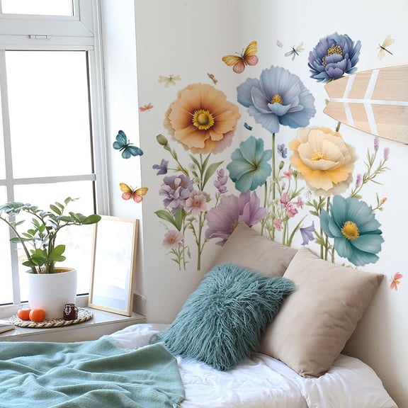 HCBY 2Pcs Painted Flowers Wall Stickers, 30x60cm Floral Self Adhesive Wall Art for Living Room Bedroom, Removable Vinyl Decals with Fade Resistant Colors, Instant Home Beautification Decor Set 