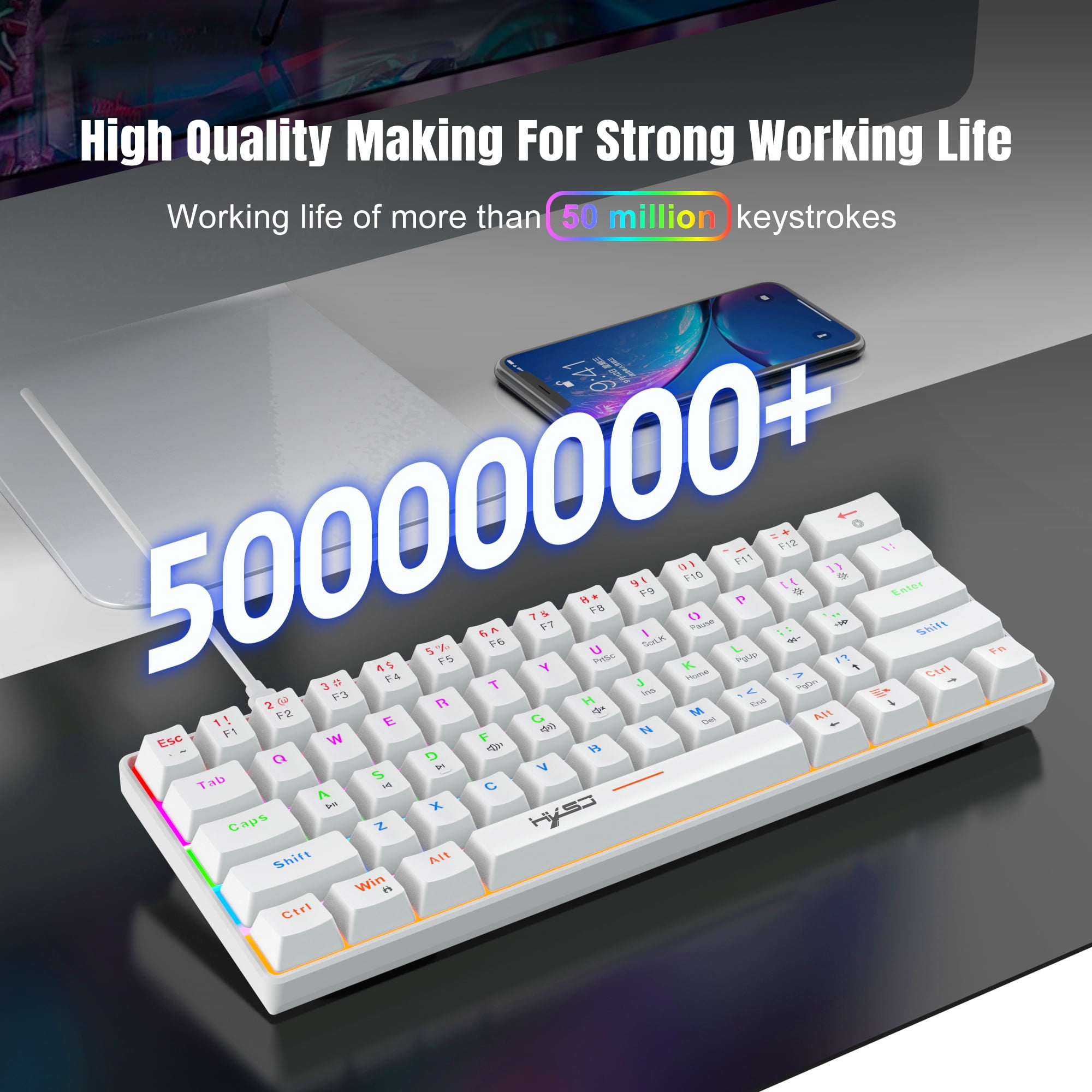 UHM 60% Wired Mechanical Gaming Keyboard,RGB Backlit Mini Keyboard with Blue Switch/Multimedia Keys,Waterproof Small Ultra-Compact 61 Keys Keyboard for PC/Mac Gamer,Typist,Travel,White