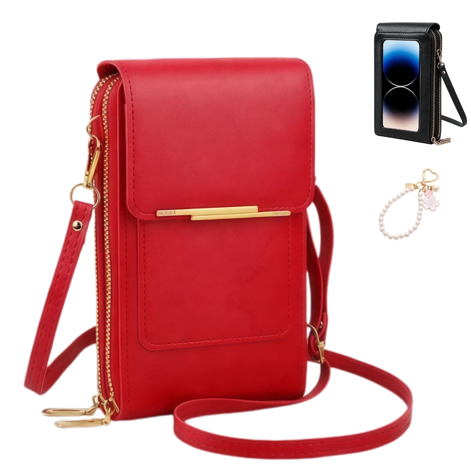 TouchScreen Phone Crossbody Bag for Women, Anti Theft Leather Cell Phone Small Purse with Clear Window for Travel, Shopping & Everyday Use-Red