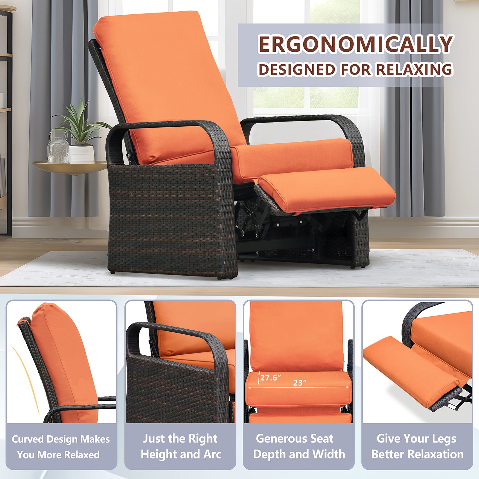 ATR ART to REAL Adjustable Rattan Woven Outdoor Patio Recliner Lounge Chair with Cushion Orange Walmart