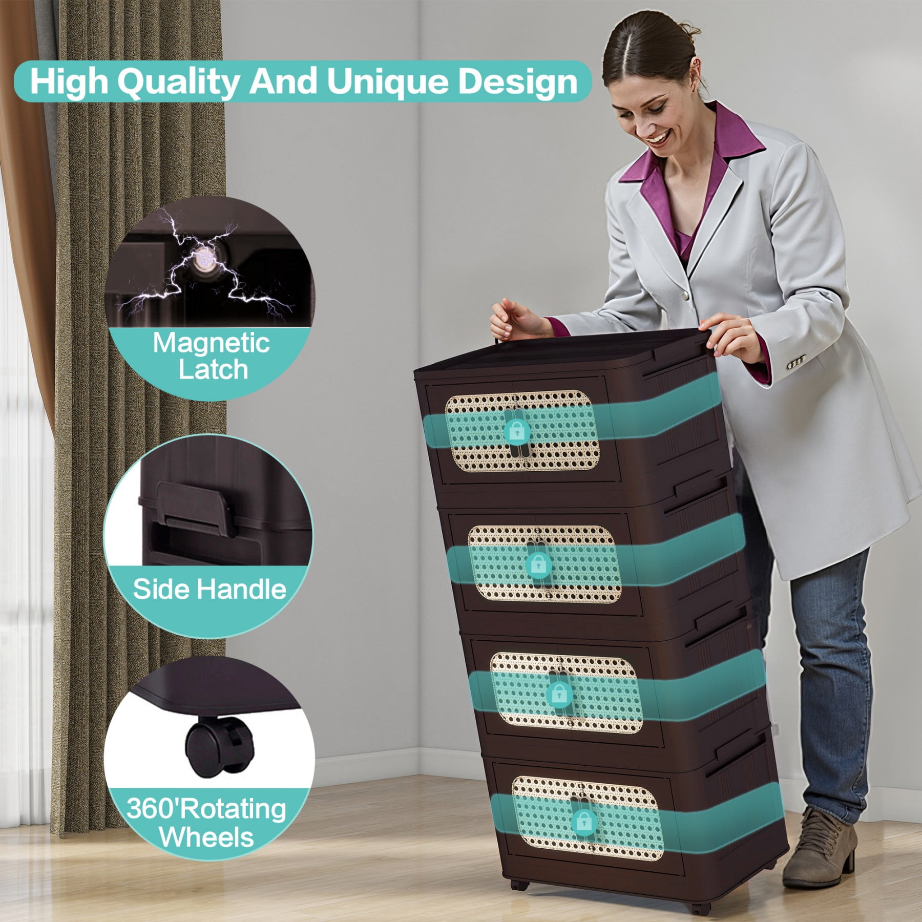 4 Tiers Folding Storage Cabinet,20" W Collapsible Storage Bins with Magnetic Door,Plastic Storage Cabinet with Wheels for Bedroom, Living Room,Brown