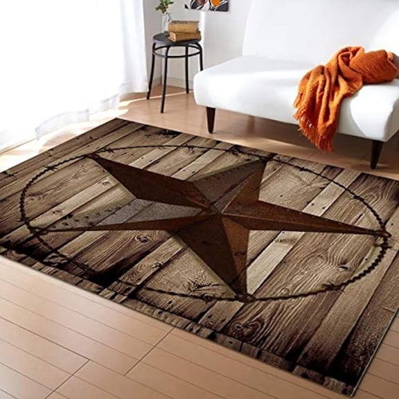 Rustic Western Star Area Rug, Vintage Wooden Distressed Indoor Rug, Washable Easy Clean Low Pile Foldable Non-Slip Home Decor Carpet For Bedroom Living Room Entryway Farmhouse 5x8ft