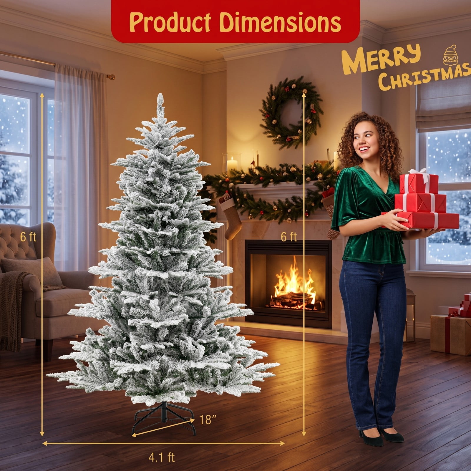 RUIE 6FT Snow Flocked Artificial Christmas Tree with 500 Cool White LED Lights, Remote Control, Timer & Hinged Branches, Pre-Lit Indoor Holiday Tree, Green & White