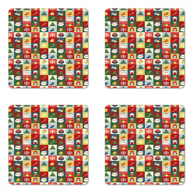 Christmas Coaster Set of 4, Xmas Theme Santa Claus Surprise Boxes Cones Jingle Bells Tree Ornaments in Boxes, Square Hardboard Gloss Coasters, Standard Size, Multicolor, by Ambesonne