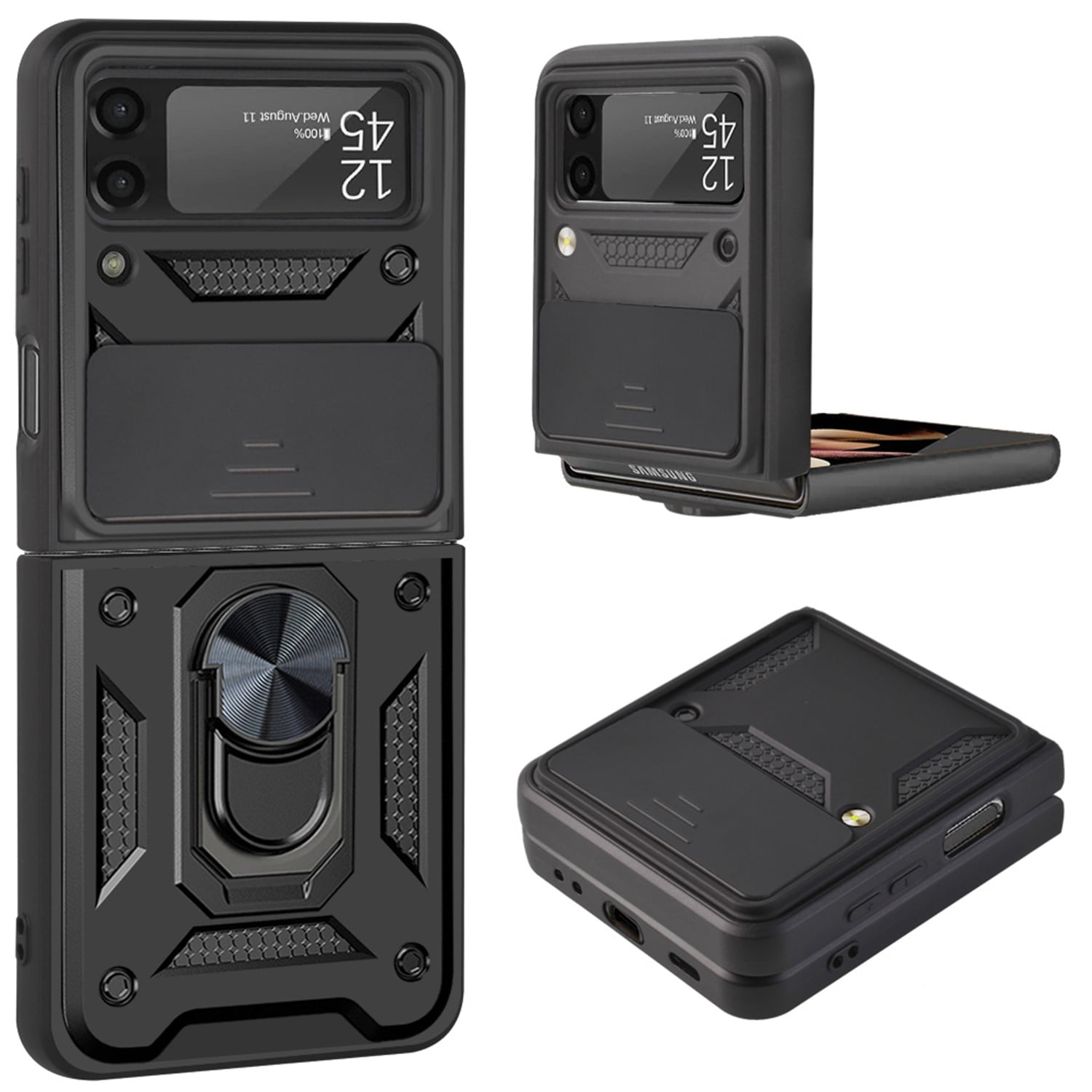 For Galaxy Z Flip 4 Case With Ring Holder Kickstand Allytech Silde Camera Lens Protector Flip Hard Pc Anti Scratch Cover For Samsung Z Flip 4 22 Black Walmart Com