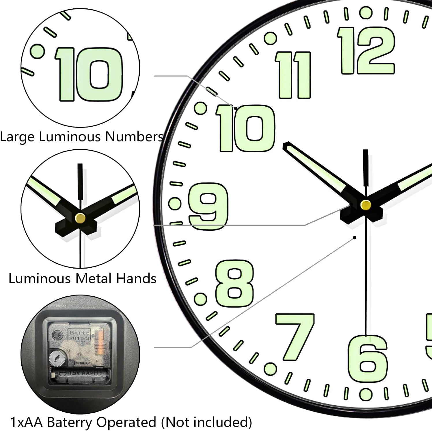 Glow in The Dark Wall Clock Non Ticking, 10 inch Silent Wall Clocks Battery Operated, Large Number Tempered Glass, Round Night Light Analog Clock for Bedroom Living Room Kitchen Office, White