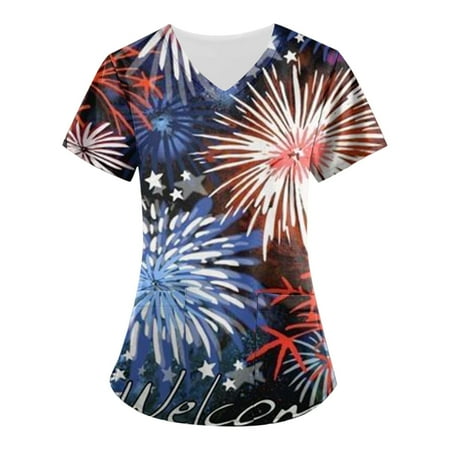 

Sksloeg Women Scrub American Flag Print Patriotic Top Comfortable Easy Workwear V-Neck Short Sleeve Scrub Top with Pockets Dark Blue XXXL