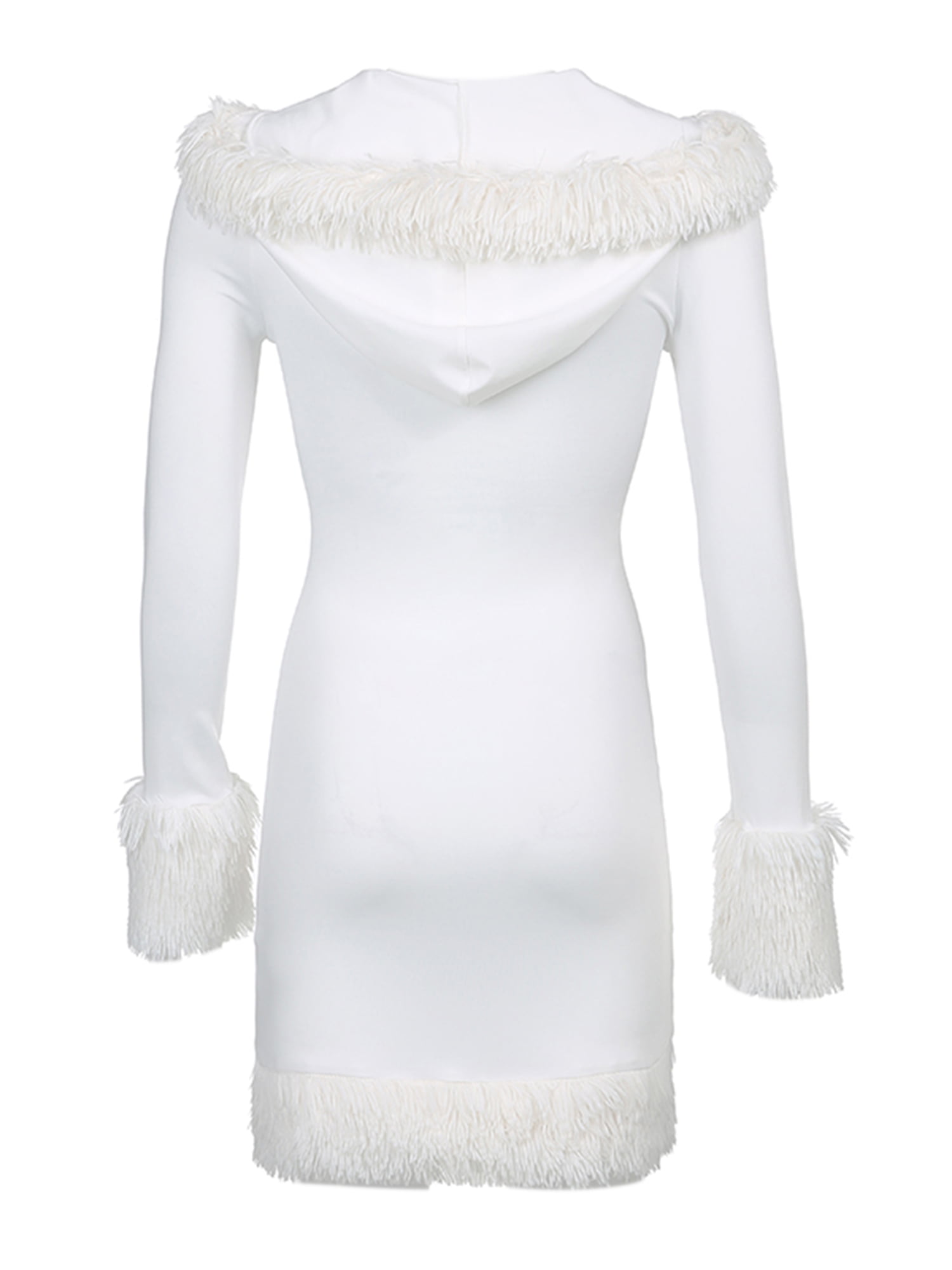 Women Sexy White Fluffy Hooded Dress Long Sleeve V Neck Mini Fur Trim Dress  Christmas Cute Hooded Dress White Small 