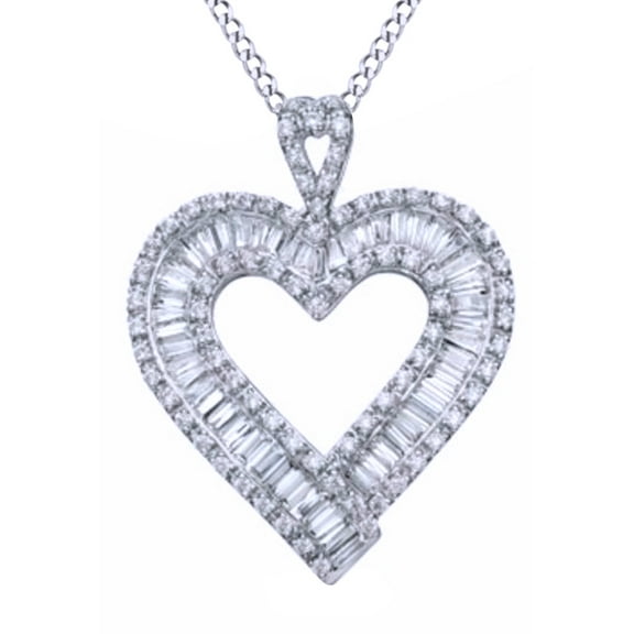 AFFY Baguette and Natural Diamond Heart Pendant Necklace in Whte Gold Over Sterling Silver (1 Cttw)