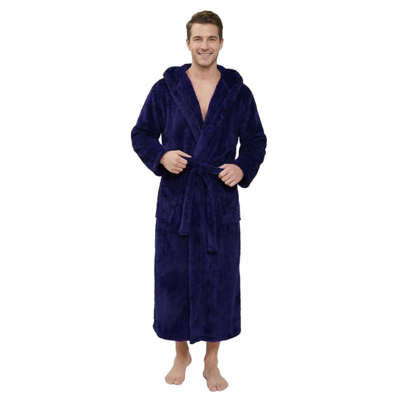 U2SKIIN Mens Robe Big and Tall with Hood,Full Length Plush Robe for Men Long Fleece Bathrobe（Navy, L/XL）