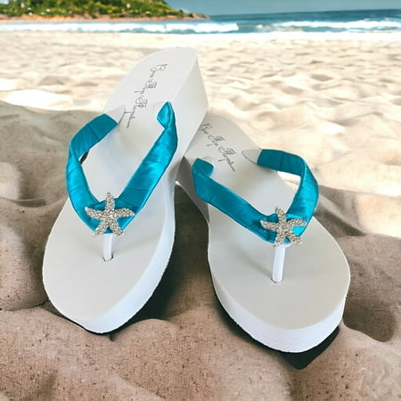 

Turquoise Satin Rhinestone Starfish White Flip Flops with 2 Inch Wedge Heel