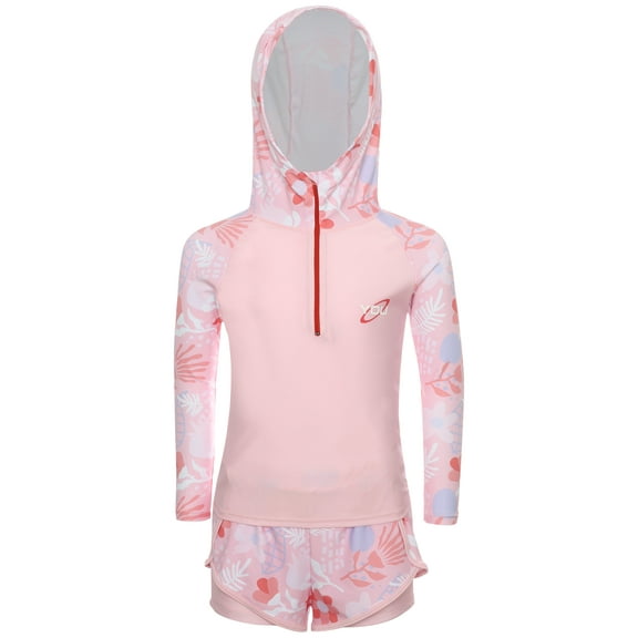 iixpin Girls 2 Piece Long Sleeve Swimsuit Hooded Zippy Swim Tops with Double Layer Shorts Rash Guard Pink 100