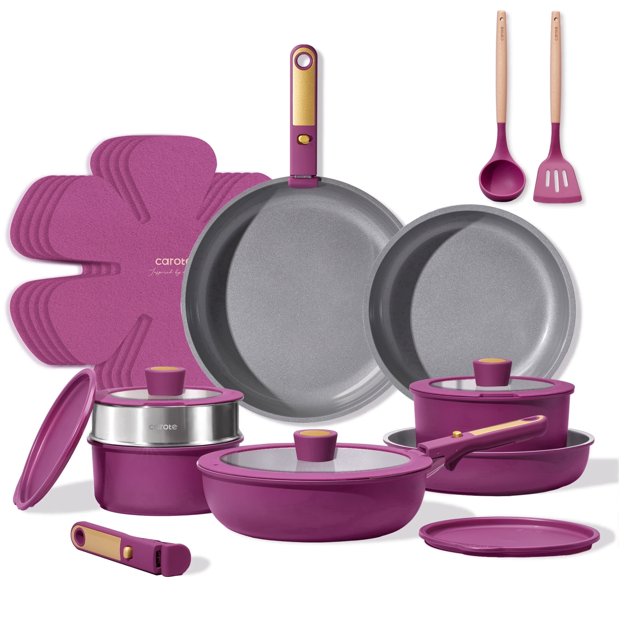 Carote 21-Piece Nonstick Cookware Set, Pots and Pans with Detachable Handle, Induction Compatible, Purple