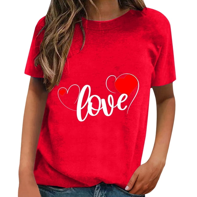 WEAIXIMIUNG Womens T Shirts Fitted V Neck Valentine's Day Short Sleeved Spring Summer All Printed Pattern Loose Crewneck Top T Shirt