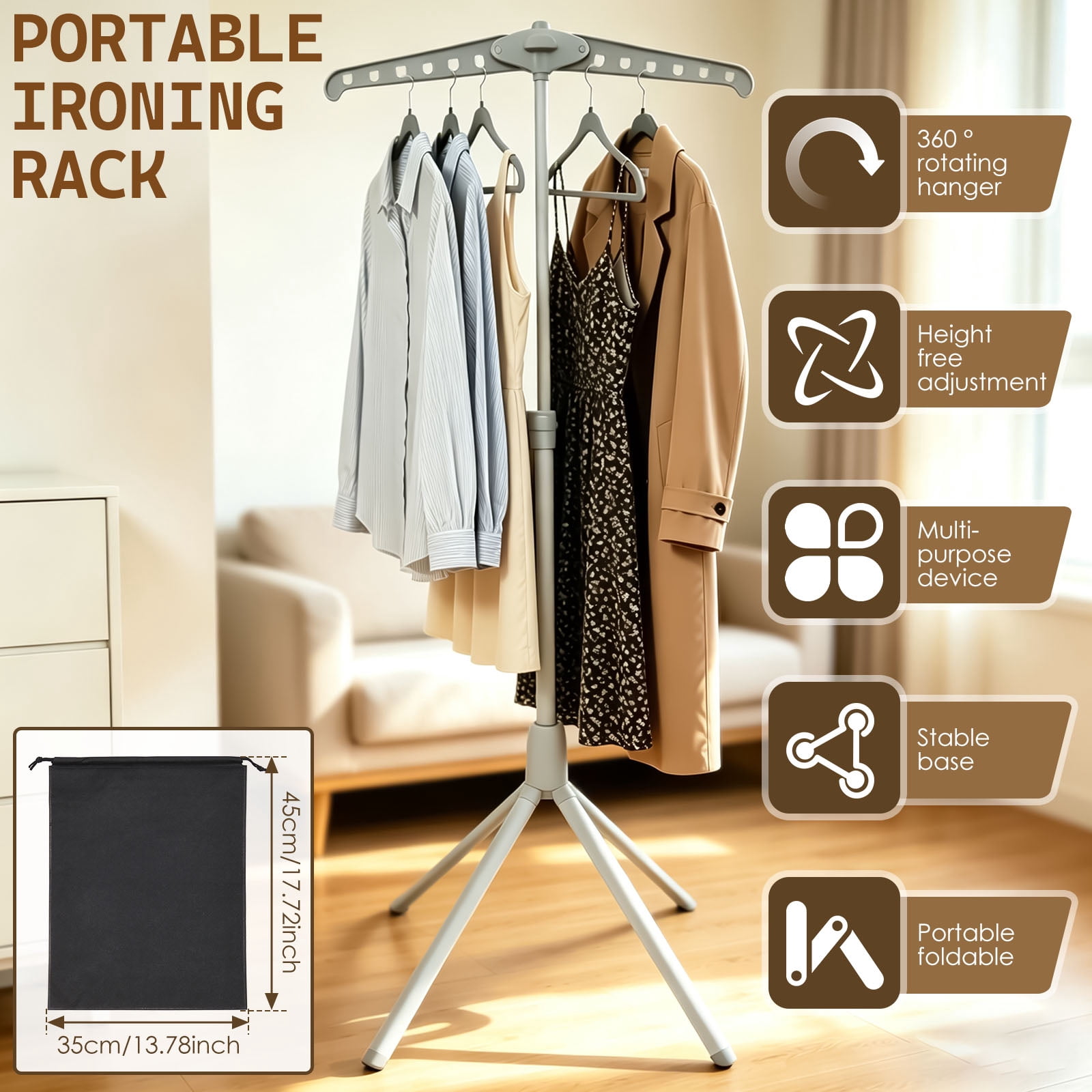 Adjustable Garment Steamer Stand 29" to 58" Height 360° Rotating Clothes Hanger Stand with Tripod Base Foldable Cap and Gown Display Rack for Ironing Drying and Storage, Grey
