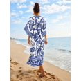 thumbnail image 2 of Blue Tropical Print V-Neck Midi Dress With Bell Sleeves, 2 of 8