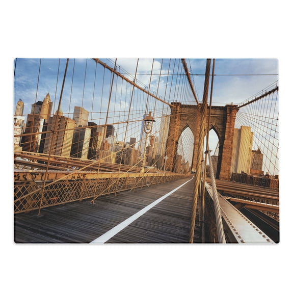 United States Cutting Board, Early Morning on Famous Brooklyn Bridge NYC Architecture, Decorative Tempered Glass Cutting and Serving Board, Large Size, Pale Brown Pale Blue, by Ambesonne