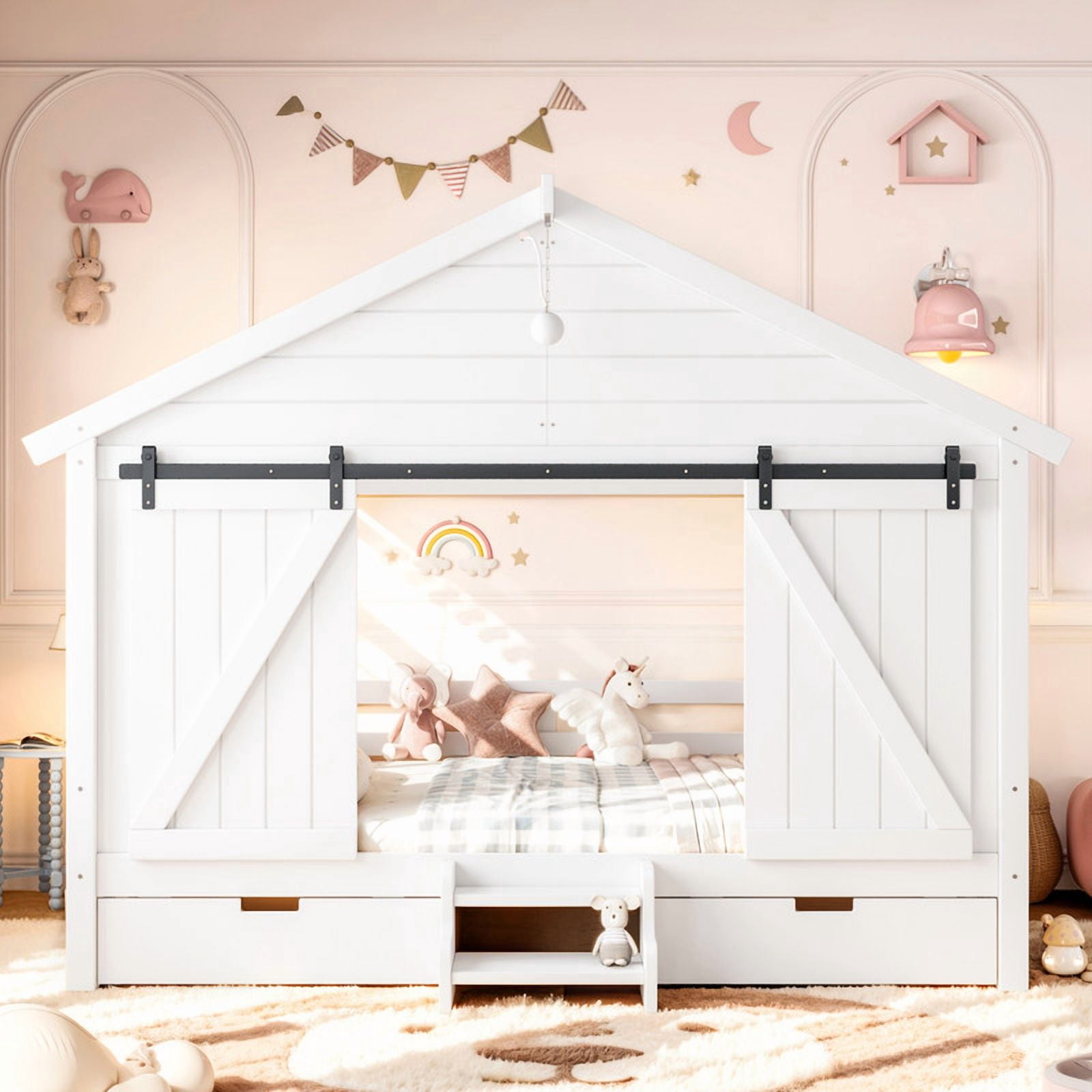 Full Size Farmhouse House Bed with Sliding Barn Doors & Light Bulb, Wood Kid's Platform Bed Frame with Stair & Drawers