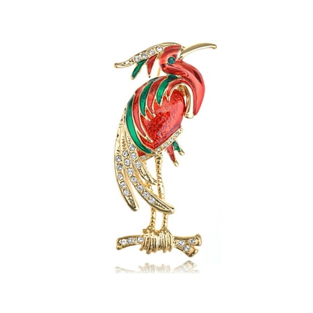Swarovski Green Brooch - Golden Tone Crested Crimson Hunched Red Green Peacock Swarovski Crystal Brooch