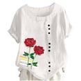 thumbnail image 2 of XUNKUSGA Womens Tops Oversized Crew Neck Short Sleeve Women's Blouses Soft Comfortable Cotton Linen Boho Tops for Women Fashion Printed Going Out Tops S-2XL White, 2 of 5