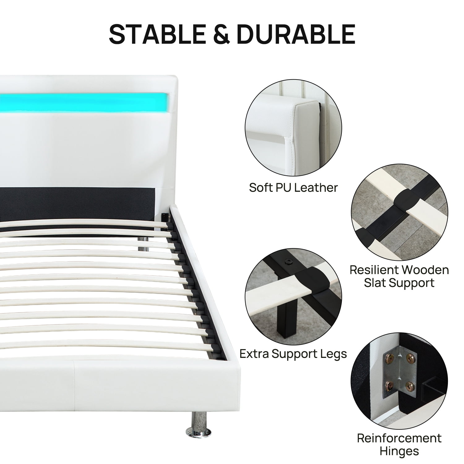 Walsport Queen Size Platform Bed Upholstered Bed Frame Bedroom LED Light Headboard with Color Changing LED Light Slats Bed(White)