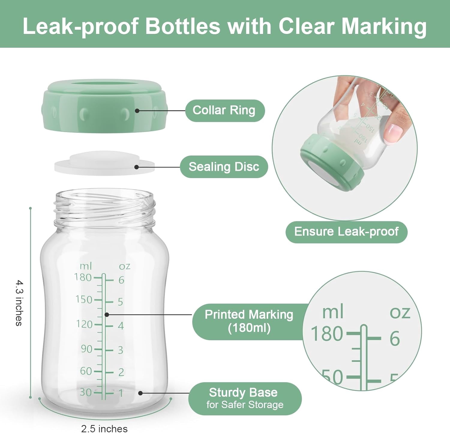 Breast Milk Storage Bottles Compatible with Momcozy Cooler, 6PC Wide-Neck 6oz  Direct Pumping Fit for Spectra S1/S2/Motif Luna, Leak-Proof  BPA Free, Freezer Safe Baby Containers for Fridge (Green)