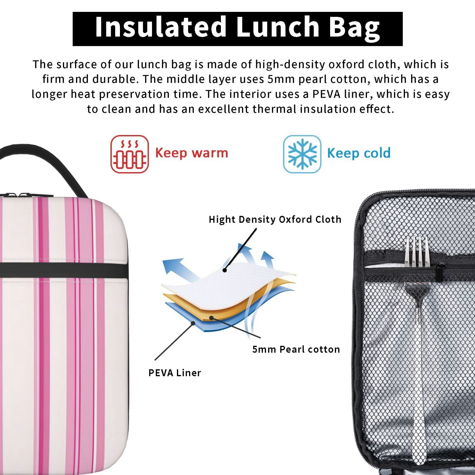 Lunch Bag For Women Men Insulated Portable Lunch Box Bento Box Office Picnic Travel Cooler Bag Pink Stripe_1