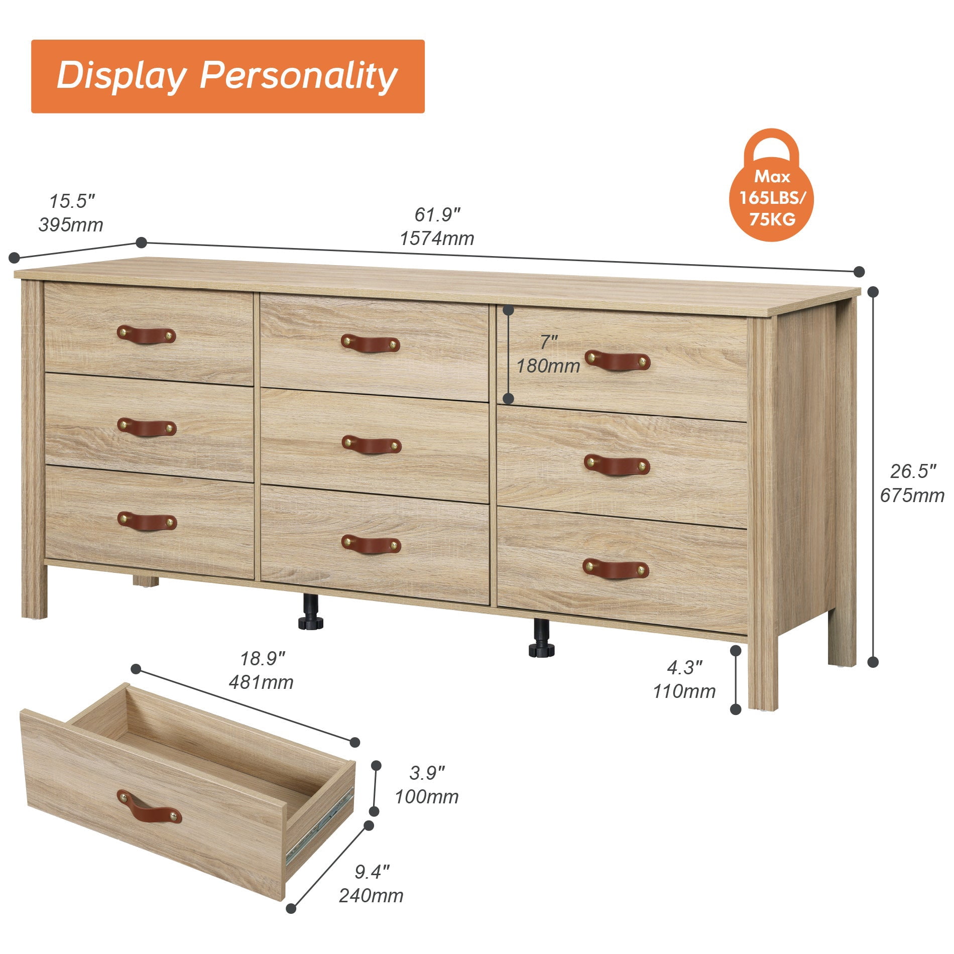 Wampat 9 Drawers Dresser for Nursery, Farmhouse Dresser with Wide Chest of Drawers for Living Room, Light Oak, 62 inch