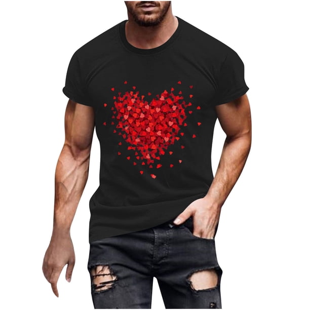 Camisetas de Manga Larga para Hombres, Camiseta de Manga Corta de Fitness de Impresión Del Día de San Valentín, Mezcla de Algodón Casual