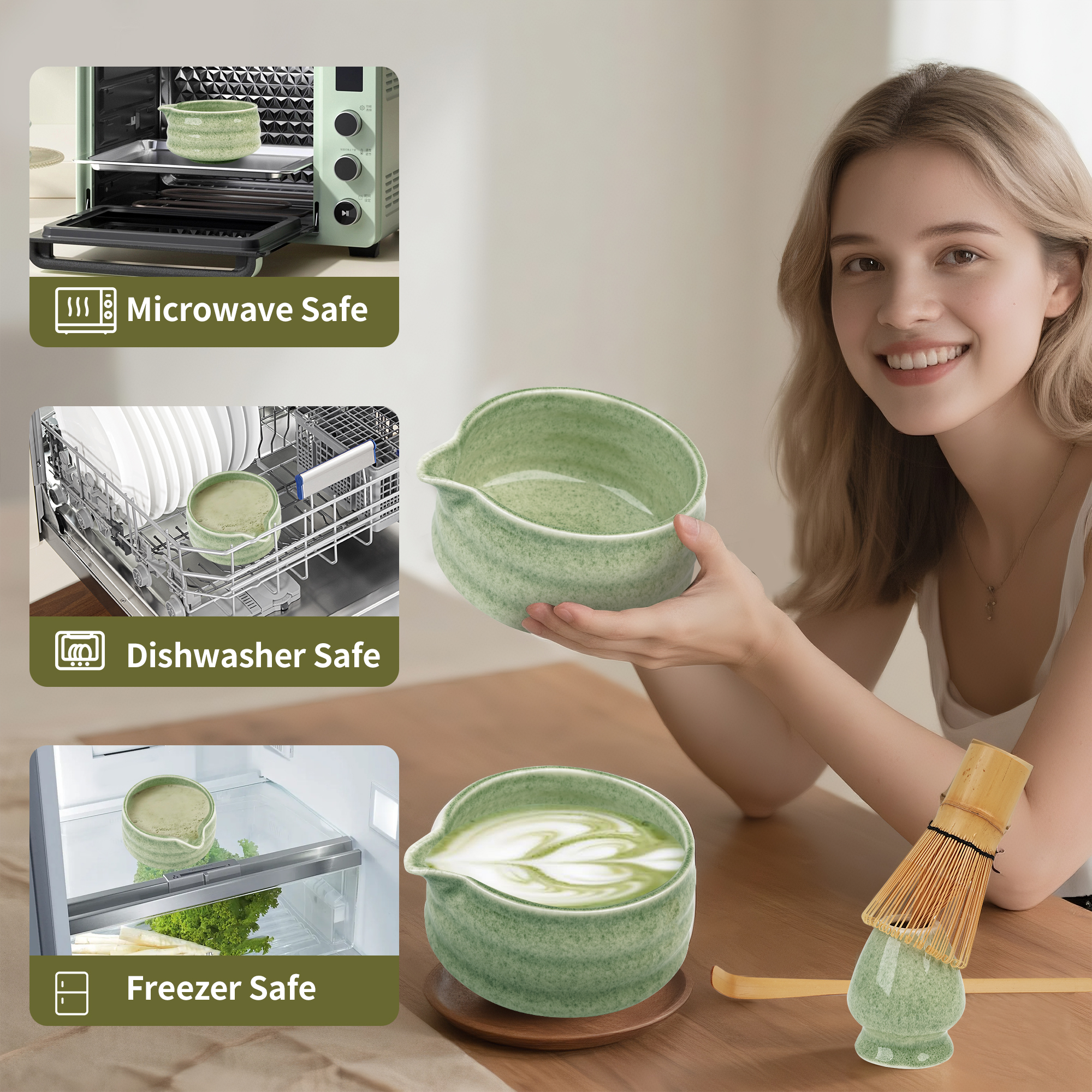 Matcha Whisk Set, Ceramic Matcha Set Includes Matcha Bowl, Matcha Whisk and Holder, Bamboo Scoop, Scoop Rest, Matcha Sifter Tea Towel and Milk Frother - 8 Pcs Matcha Tea Kit for Matcha Lovers