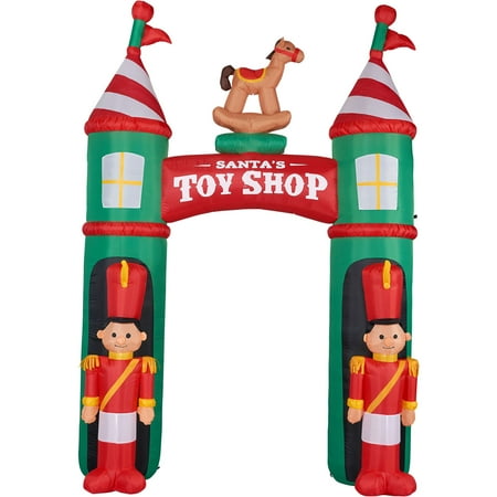 Fraser Hill Farm 10-Ft. Tall Pre-Lit Christmas Inflatable with Storage Bag | Santa's Toy Shop Archway with Toy Soldiers and Rocking Horse | Outdoor Holiday Blow-Up Festive Celebration Party D&eacute;cor