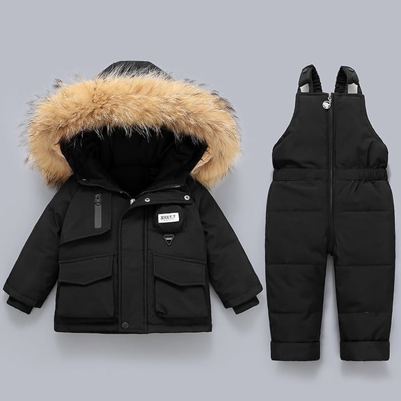 2pcs Unisex Baby Kids Puffer Winter Warm Hooded Down Coat with Snowsuit Snow Bib Pants Ski Suits Outfit Set Black 3-4 Years