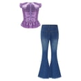 thumbnail image 2 of inlzdz Girls Flare Outfits Sparkle Ruffle Sleeve Dance Crop Top with Flared Jeans Denim Pants Set Lavender 16, 2 of 6