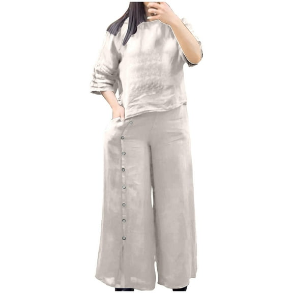 Women's Summer 2 Piece Outfits 3/4 Sleeve Crew Neck Blouse and Wide Leg Pants Soft Lightweight Cotton Linen Sets