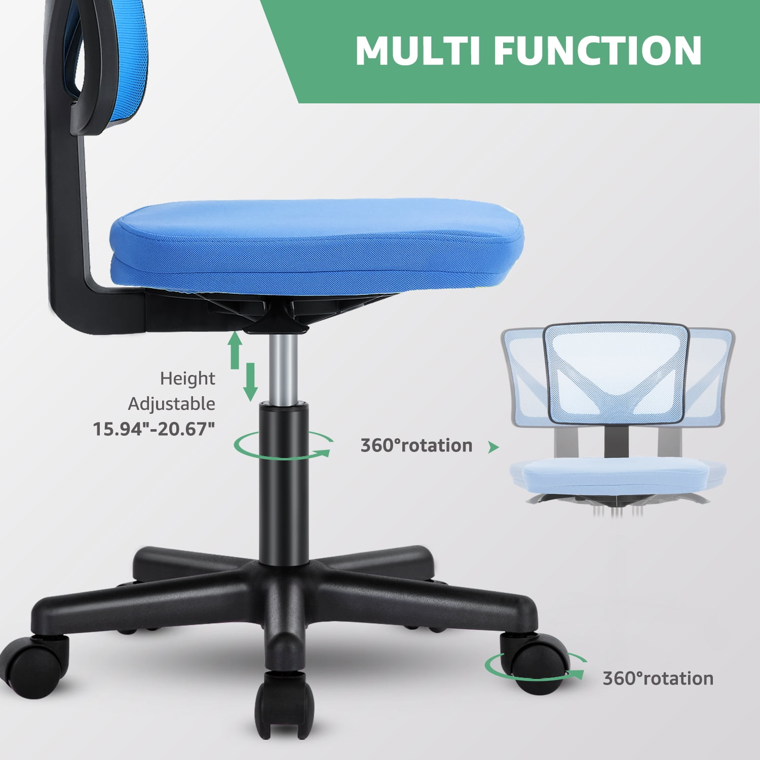 JOINSUN Armless Desk Mesh Office Chair, Adjustable Height Ergonomic Low Back Vanity Task Desk Chair with Wheels, Blue